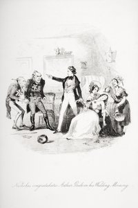 Nicholas parabeniza Arthur Gride em sua manhã de casamento, ilustração de "Nicholas Nickleby", de Charles Dickens (1812-1870), publicada em 1839 (ver também 259152). de Hablot Knight Browne