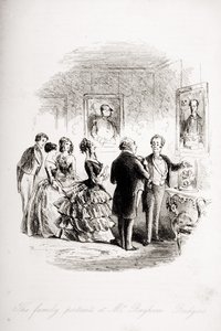 Os retratos de família na ilustração de Bayham Badger, de "Bleak House", de Charles Dickens (1812-1870), publicaram 1853 (lito) de Hablot Knight Browne