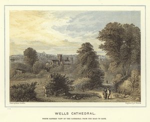 Wells Cathedral, vista nordeste da catedral da estrada para o banho de Hablot Knight Browne