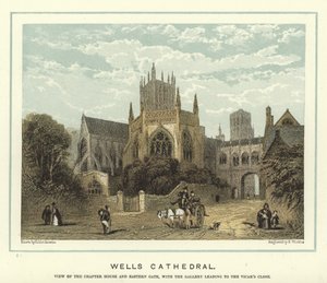 Wells Cathedral, vista da casa do capítulo e portão oriental, com a galeria que leva ao Vigário Close de Hablot Knight Browne