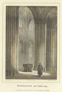 Catedral de Winchester, vista do outro lado da nave, mostrando a frente e o monumento Wykehams de Hablot Knight Browne