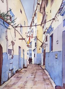Um passeio tranquilo, Chefchaouen, Marrocos, c.2024 (aguarela e tinta)