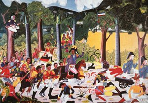 Haitianos sob o comando de Jean Jacques Dessalines derrotam as tropas de Napoleão (petróleo sobre tela) de Haitian School