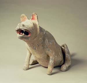 Cão assentado em cerâmica chinesa primitiva, artefato do túmulo, dinastia Han, 206 aC-220 dC (cerâmica)
