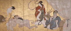 Sete Deuses da Boa Fortuna (tinta, cor e folha de ouro sobre papel, ecrã sextuplicado) de Hanabusa Itcho