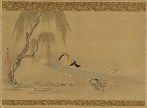 Mulher esticando pano para secar, duas crianças brincando, período Edo, final do século XVII e início do século XVIII. de Hanabusa Itcho