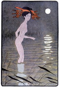 Jovem japonês a tomar banho num lago ao luar - em "boneca japonesa" de Félicien Champsaur, doente. Hanafusa Itcho, Paris