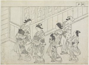 Cinco prostitutas na frente de uma casa, início dos anos 1770 (impressão em xilogravura) de Hanabusa Shigenobu