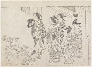 Cinco prostitutas em um pátio, início dos anos 1770 (impressão em xilogravura) de Hanabusa Shigenobu