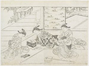 Três prostitutas em um quarto, início dos anos 1770 (impressão em xilogravura) de Hanabusa Shigenobu