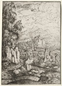 Paisagem com uma estrada para um castelo em uma ilha em um rio de Hanns Lautensack