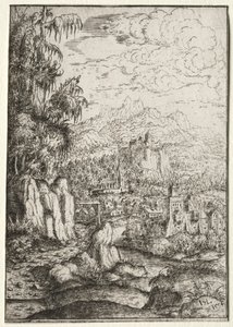 Paisagem com uma estrada para um castelo em uma ilha em um rio, 1554.