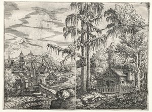 Paisagem com a cidade em um rio e o chalé entre árvores, 1551.