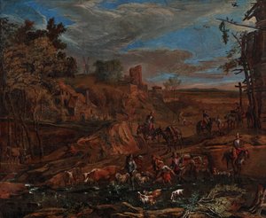 Paisagem de outono com vau e gado de Hans (Johann Baptist) Graf