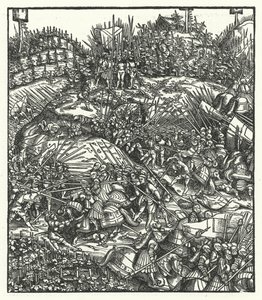 O Arquiduque Maximiliano da Áustria e o seu exército a combater os franceses de Hans (after) Burgkmair