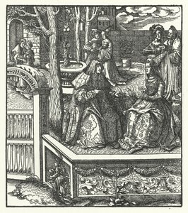 Arquiduque Maximiliano da Áustria e sua esposa, Mary of Burgundy, ensinando um ao outro suas respectivas línguas (gravura)