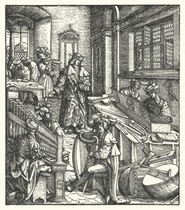 Arquiduque Maximiliano da Áustria como patrono da música (gravura) de Hans (after) Burgkmair