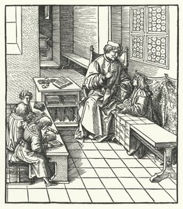 Arquiduque Maximiliano da Áustria na escola quando criança (gravura) de Hans (after) Burgkmair