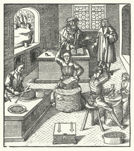 Arquiduque Maximiliano da Áustria na Casa da Moeda (gravura) de Hans (after) Burgkmair
