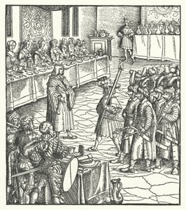 Arquiduque Maximiliano da Áustria dirigindo uma peça de mummer (gravura) de Hans (after) Burgkmair