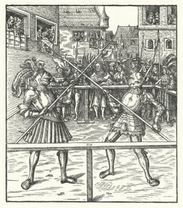 Arquiduque Maximiliano da Áustria lutando a pé usando uma alabarda (gravura) de Hans (after) Burgkmair