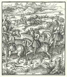 Arquiduque Maximiliano da Áustria caçando garças (gravura) de Hans (after) Burgkmair