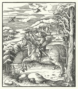 Arquiduque Maximiliano da Áustria caçando a cavalo (gravura) de Hans (after) Burgkmair