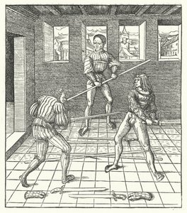 Arquiduque Maximiliano da Áustria aprendendo a arte da esgrima (gravura) de Hans (after) Burgkmair