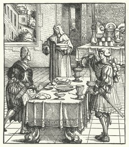Arquiduque Maximiliano da Áustria aprendendo as artes culinárias (gravura) de Hans (after) Burgkmair