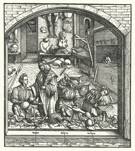 Arquiduque Maximiliano da Áustria visitando um armeiro (gravura) de Hans (after) Burgkmair