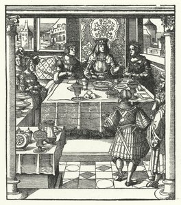 Arquiduque Maximiliano da Áustria visitando sua futura esposa, Mary de Borgonha, e sua mãe, Isabella de Bourbon (gravura) de Hans (after) Burgkmair