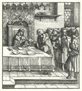 Arquiduque Maximiliano da Áustria escrevendo cartas (gravura) de Hans (after) Burgkmair