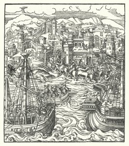 Frederico III, Santo Imperador Romano, chegando a Roma com a sua noiva, Eleanor de Portugal de Hans (after) Burgkmair