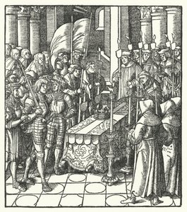 Rei Luís XII de França ao lado do caixão do seu predecessor, o Rei Carlos VIII