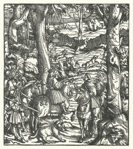 Maximiliano I, Rei dos Romanos, recebendo uma mensagem enquanto caça (gravura) de Hans (after) Burgkmair