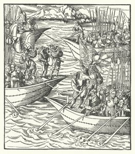 Navios que transportam soldados alemães e franceses ao largo de Leghorn, Itália de Hans (after) Burgkmair