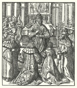 O Santo Imperador Romano Frederico III e a Imperatriz Eleanor recebendo a Sagrada Comunhão do Papa (gravura) de Hans (after) Burgkmair