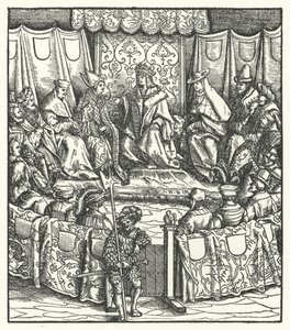 O Santo Imperador Romano Maximiliano I negociando com os húngaros de Hans (after) Burgkmair