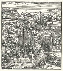 O Santo Imperador Romano Maximiliano I com a sua frota em La Spezia, Itália de Hans (after) Burgkmair