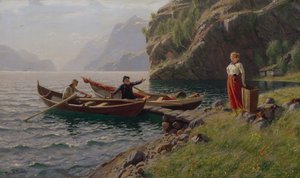 Vida cotidiana nos fiordes (óleo sobre tela) de Hans Andreas Dahl
