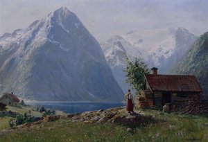 Garota em uma paisagem de fiorde (óleo sobre tela)