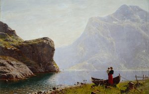 Mulher e criança pelo Fjord Bank (óleo sobre tela) de Hans Andreas Dahl