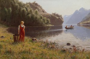 Mulher na paisagem do fiorde (óleo sobre tela)