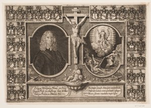 Gregers Friis a Ålstrup, bem como Cristo na cruz e a ressurreição de Cristo. Cercado por escudos