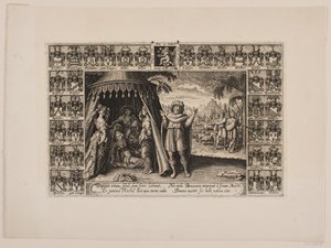 Página de rosto para o sermão fúnebre com representação de Rachel morrendo no nascimento de Benjamin. Cercado por escudos
