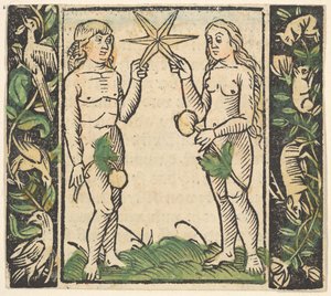 Adão e Eva segurando uma estrela, ilustração do Jardim Resoluto do Rosário Mariae. de Hans Baldung