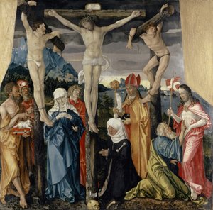 Cristo crucificado com os ladrões, santos e um doador do sexo feminino, 1512 de Hans Baldung Grien