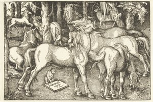 Grupo de sete cavalos e um macaco de Hans Baldung Grien