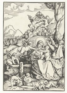 Maria e criança com oito anjos numa paisagem de Hans Baldung Grien