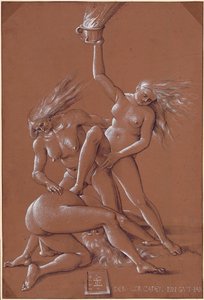 Saudação de Ano Novo com três bruxas - Trabalho de Hans Baldung (1484-1545) tinta e giz branco sobre papel de Hans Baldung Grien